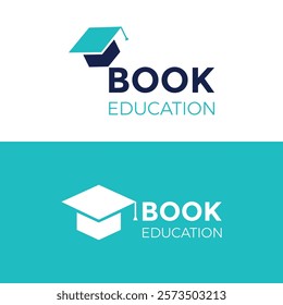 Book with graduation cap sign logo vector for academy, school, college, university and bookshop also for book library