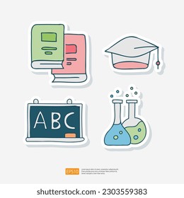 Book, Graduation Hat, Blackboard and Chemical Glass. Learning Education and School Class Doodle Sticker Icon Set Vector Illustration