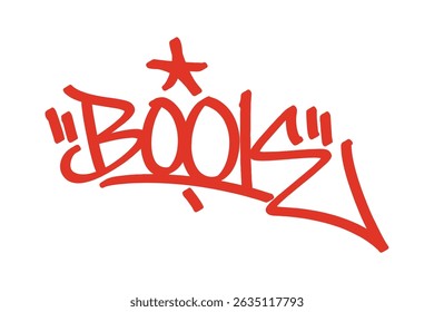 Book graffiti tag in bold red lettering on transparent background. Urban street art style, perfect for education themes, creative designs, and dynamic urban culture projects.