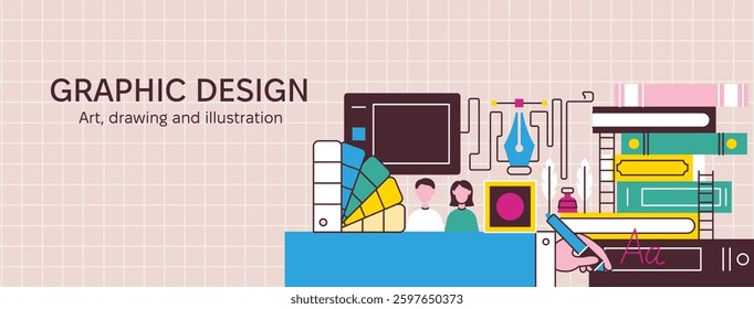Book Graphic Design Drawing Web Banner. Vector Illustration of Designer and Illustrator Lifestyle Concept.