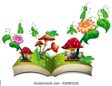 Book with grasshopper and mushroom illustration