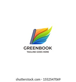 Book Green Educational Design Illustrations Vector Template. Open book in a shape of growing Leaf Overlap. Internet network online school icon. Virtual courses branding identity