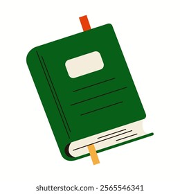 Book with green hardcover and bookmarks flat color vector object. Personal organizer notepad for notes illustration on white background