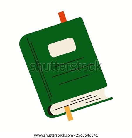 Book with green hardcover and bookmarks flat color vector object. Personal organizer notepad for notes illustration on white background