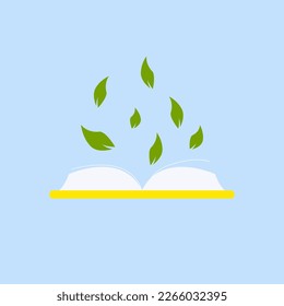 book with green leaves.Open book silhouette with green leaves.