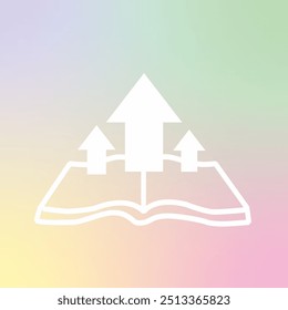 Book of Growth A minimalist illustration of a book with three arrows pointing upwards, symbolizing knowledge, learning, and personal growth on a vibrant gradient background.  