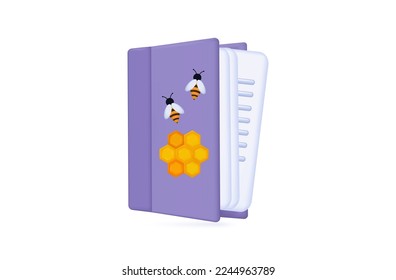 Book, guide about bees 3d. The study of honey insects, apiaries, the science of beekeeping. User manual, education, environment, insect life, bee. Paper book, page, magazine. Vector illustration.