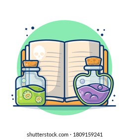 Book Guide with Potion With Eye Vector Illustration. Poison Halloween Concept. Flat Cartoon Style Suitable for Sticker, Wallpaper, Icon, Landing Page, Web.