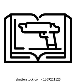 Icono de libro y pistola. Libro de esquema e icono de vector de cañón para el diseño web aislado en fondo blanco