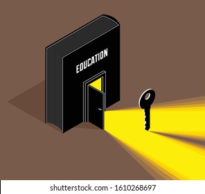 Book with half open door and turnkey vector 3d isometric illustration, knowledge is the key to success metaphor, education and self-education, secret literature.