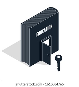 Book with half open door and turnkey vector 3d isometric illustration, knowledge is the key to success metaphor, education and self-education, secret literature.