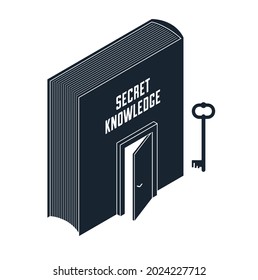 Book with half open door and turnkey vector 3d isometric illustration, knowledge is the key to success metaphor, education and self-education, secret literature.