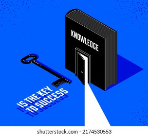 Book with half open door and turnkey vector 3d isometric illustration, knowledge is the key to success metaphor, education and self-education, secret literature.