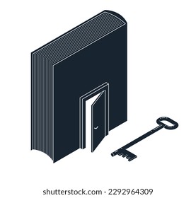 Book with half open door and turnkey vector 3d isometric illustration, knowledge is the key to success metaphor, education and self-education, secret literature.