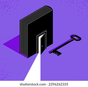 Book with half open door and turnkey vector 3d isometric illustration, knowledge is the key to success metaphor, education and self-education, secret literature.