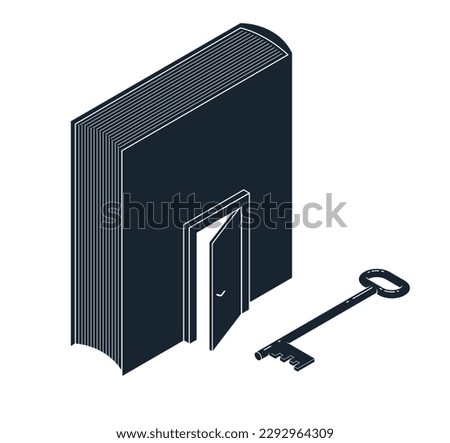 Book with half open door and turnkey vector 3d isometric illustration, knowledge is the key to success metaphor, education and self-education, secret literature.