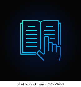 Book and hand blue icon - vector reading concept outline symbol on dark background