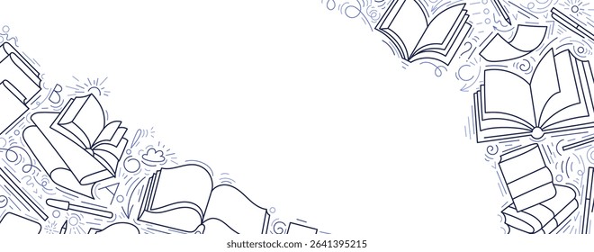 Book hand draw line template. Library vector illustration. School or student education, business backdrop. Open several literature in stack. Outline sketch. Editable stroke