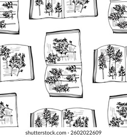 book hand drawing seamless pattern. perfect for your design: textile, poster etc. black and white
