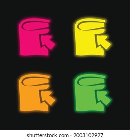 Book Hand Drawn With An Arrow four color glowing neon vector icon