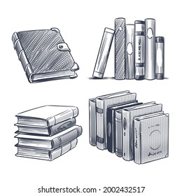 Book hand drawn. Monochrome notebooks sketch. Library and bookstore drawing elements. Engraving stack of textbooks. Hardcover diary or encyclopedia. Vector literature publication set