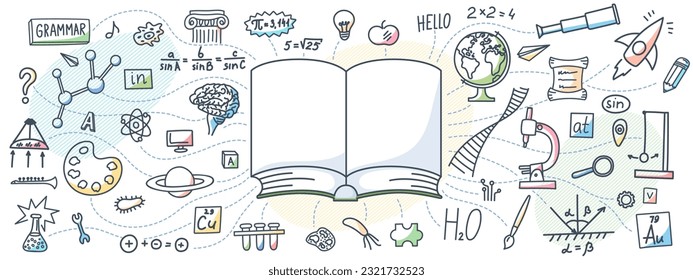 Book with hand drawn school subjects doodle on white background. Education concept.