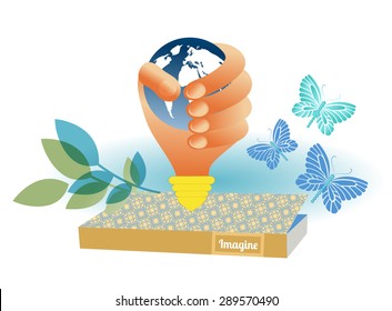Book with hand  / lightbulb holding globe butterflies leaves 