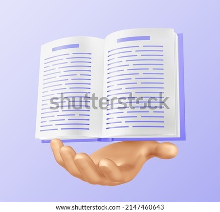 Book in hand. Open Book 3D icon for learning or reading concept. Education infographic template design with e-book. Vector illustration.