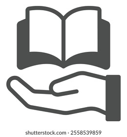 Book with hand palm solid icon, translate worker holiday concept. Vector graphics. Opened textbook and hand sign on white background, glyph style icon for mobile or web design