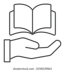 Book with hand palm thin line icon, translate worker holiday concept. Vector graphics. Opened textbook and hand sign on white background, outline style icon for mobile or web design