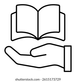 Book with hand palm thin line icon, translate worker holiday concept. Vector graphics. Opened textbook and hand sign on white background, style mobile or design