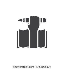 Book with hand and pen vector icon. filled flat sign for mobile concept and web design. Text book with pencil and hand glyph icon. Education symbol, logo illustration. Vector graphics