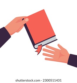 Book in hand. People pass the book to hand. Education and reading new literature. Vector illustration flat design. Isolated on white background.