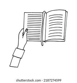 The book is in the hand. Reading concept. Illustration in doodle style