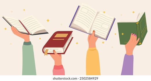 Book in hands, Concept of reading and literature. Education and knowledge vector concept. Hands holding books, library day.
