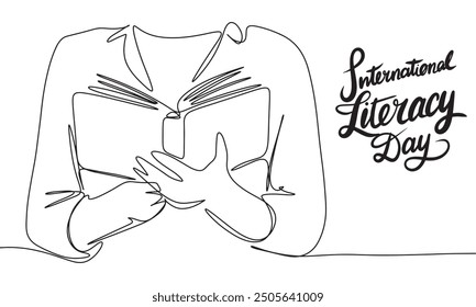 Libro en manos una línea continua. Letras de texto del Día Internacional de la Alfabetización. Arte vectorial dibujado a mano