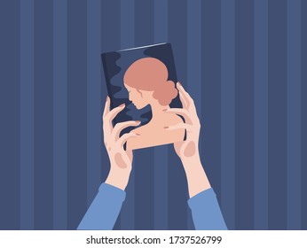 Book and hands vector illustration. Hands holding closed book with image of girl on its cover. Educational concept.