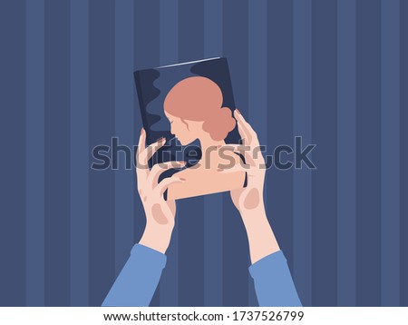 Book and hands vector illustration. Hands holding closed book with image of girl on its cover. Educational concept.