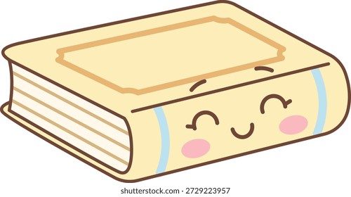 Book with happy face, blushing cheeks, and rounded outline, closed cover and spine detail in clean cartoon line art. Symbol of education, knowledge, learning, positivity. Cartoon vector illustration.
