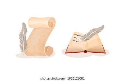 Book in Hard Cover with Paper Pages and Scroll or Curved Manuscript with Quill Vector Set