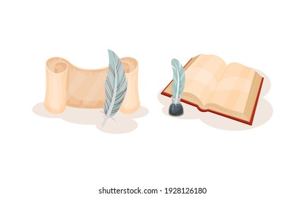 Libro en portada dura con páginas de papel y manuscrito de desplazamiento o curvo con conjunto de vectores de corte