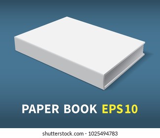  The book is in hardcover. He lies on the table. A clean white cover for your business that decorates your creativity. With soft shadows, a realistic image. Isolated. Vector illustration.