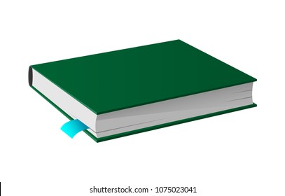 Book in hardcover vector illustration isolated on white. Textbook with textile bookmarks, dictionary and encyclopedia in green color