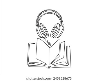 Libro con auriculares dibujo de línea continua. Concepto lineal de lectura de audio. Símbolo de audiolibro. Ilustración vectorial aislada en blanco.