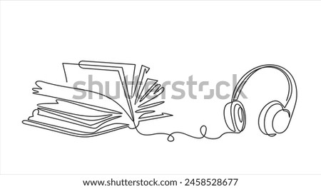 Book with headphones continuous line drawing. Audio reading linear concept. Audiobook symbol. Vector illustration isolated on white.