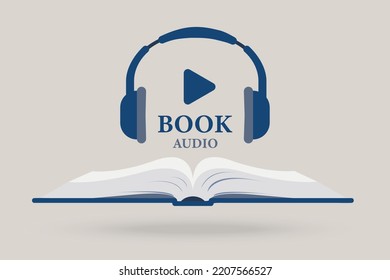 Book with headphones or headset. Audiobook concept. Headphones and book icon logo, audiobook, online learning, education concept. Listen literature, e-books in audio format