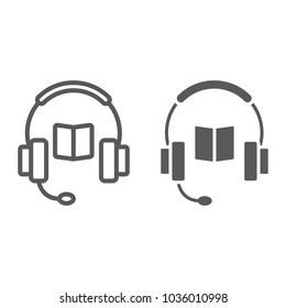 Book with headphones line and glyph icon, e learning and education, audio guide sign vector graphics, a linear pattern on a white background, eps 10.