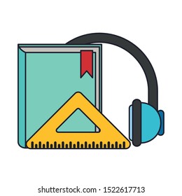 book with headphones and squad ruler over white background, colorful design. vector illustration