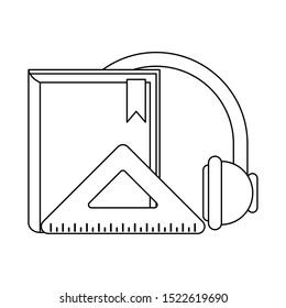 book with headphones and squad ruler over white background, vector illustration