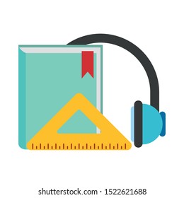 book with headphones and squad ruler over white background, colorful design. vector illustration